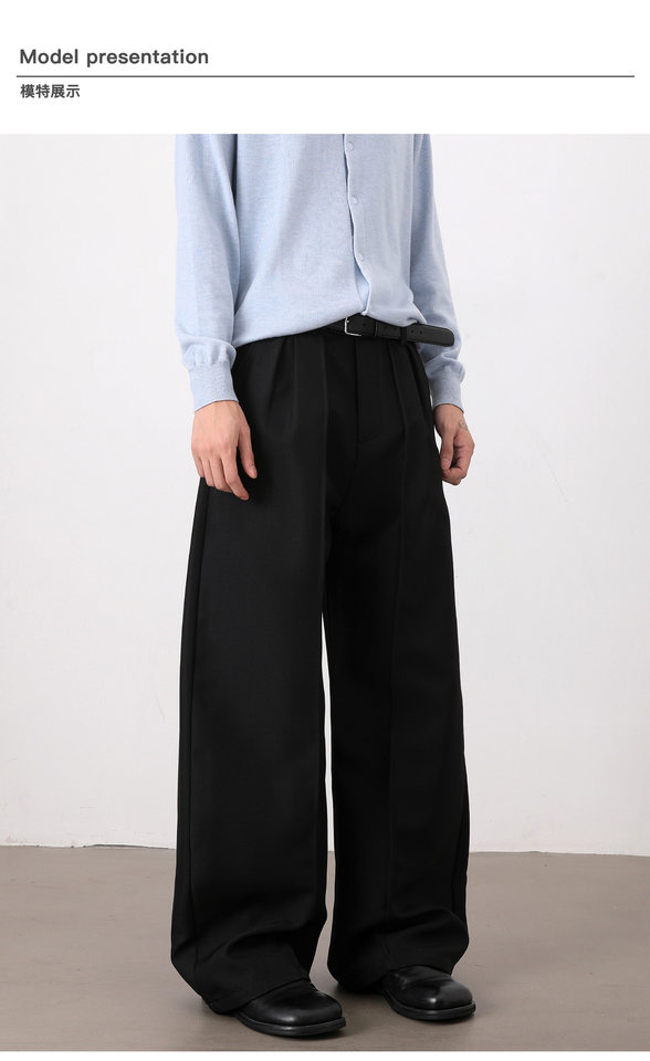 Quần tây nam dáng rộng ống suông xếp ly đôi, lưng cao, vải rủ, quần dài casual — màu xám, màu đen chi tiết 7