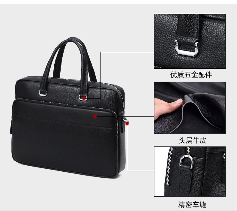 Túi xách tay nam da bò thật 39×9×29 cm đựng laptop 15 inch, túi công sở đeo chéo một vai — Màu đen chi tiết 6