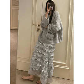 深秋冬装搭配一整套韩剧穿搭灰色亮片上衣超好看半身裙两件套批发