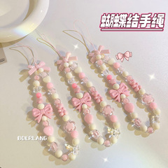 Fresh pink beads love bow mobile phone bracelet universal lanyard portable rope Korean ins style hand rope female model