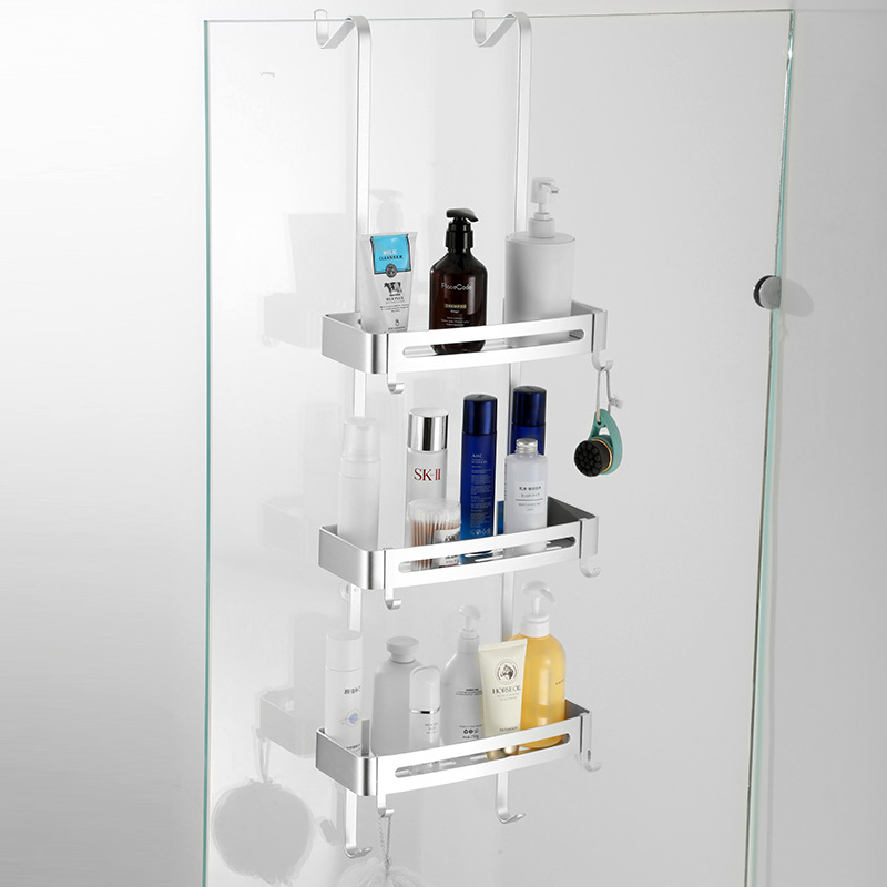 Cuarto de baño organizador de almacenamiento espacio de aluminio colgante aseo ducha partición cesta colgante baño estante de almacenamiento de tres capas