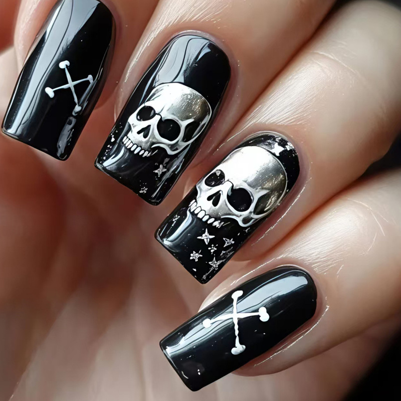 Halloween Mid-Length 24-Piece Skeleton Pattern Fake Nails, Fashionable Striped Nail Stickers, Removable Black Nail Art Halloween Mid-Length 24-Piece Skeleton Pattern Fake Nails, Fashionable Striped Nail Stickers, Removable Black Nail Art