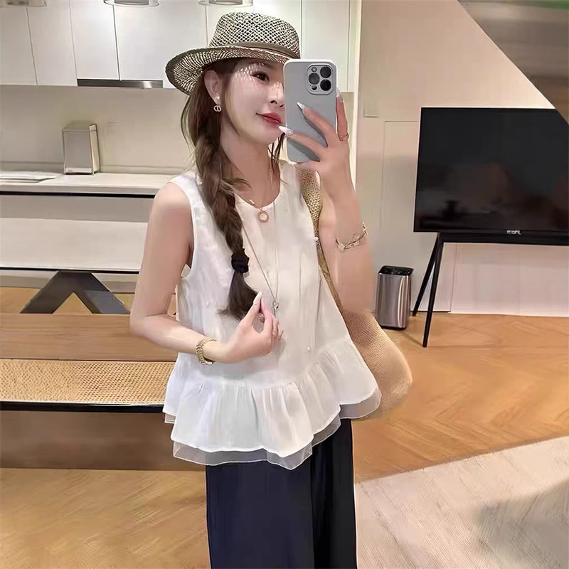 2025 New Summer Style Heavy Beaded Splicing Lace Bow Sleeveless Top Women's Age-Reducing Elegant Linen Shirt