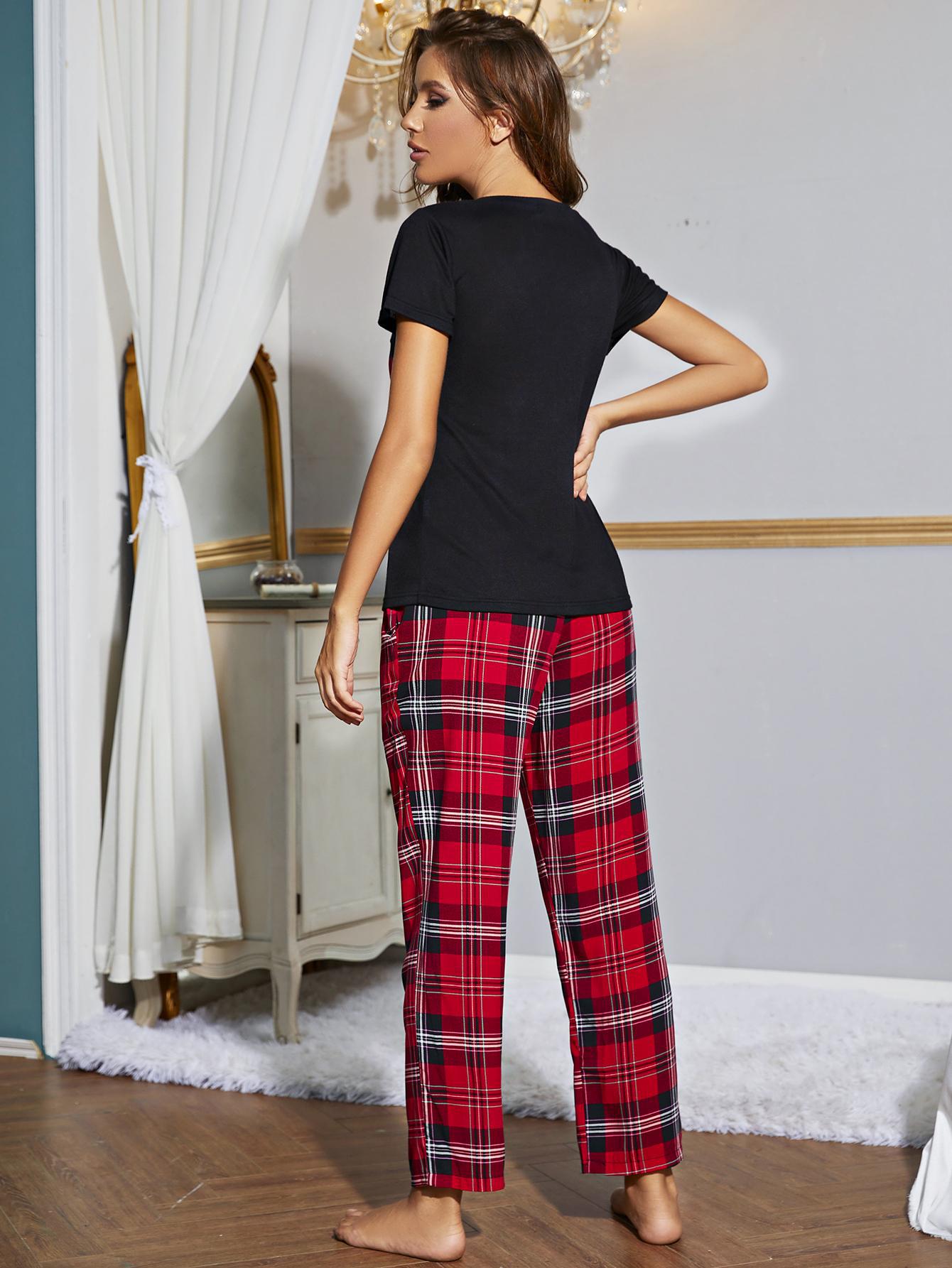 V-neck short sleeve slim wide-leg plaid two-piece Loungewear-Can be worn outside NSWFC130337