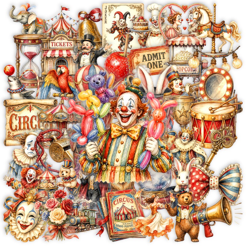 Cross-Border New Style 50-Piece Set of Playful Retro Circus Stickers, Clown Performance Stage Props Collage Pet Material Pack Cross-Border New Style 50-Piece Set of Playful Retro Circus Stickers, Clown Performance Stage Props Collage Pet Material Pack
