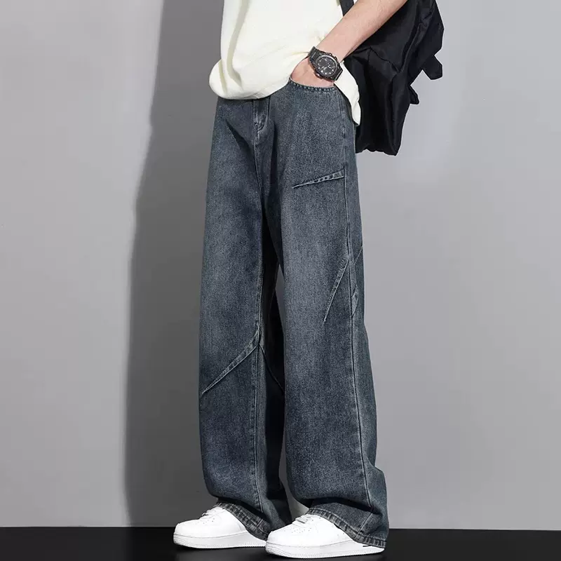 牛仔裤男士春夏季宽松直筒休闲裤子2025新款美式潮牌褶皱阔腿长裤