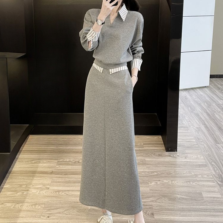 巨好看新款早秋灰色两件套穿搭半身裙长裙卫衣裙套装2025年一整套|undefined