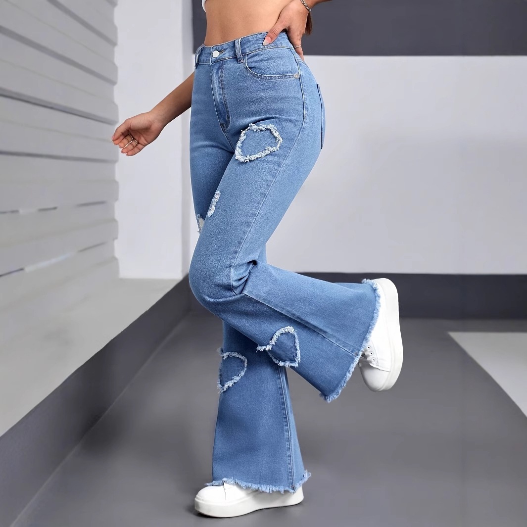 Women's Stretchy Flared Jeans With Heart Embroidery & Distressed Details - High Waist Bell Bottom Pants In Light Blue_ecoleips.com