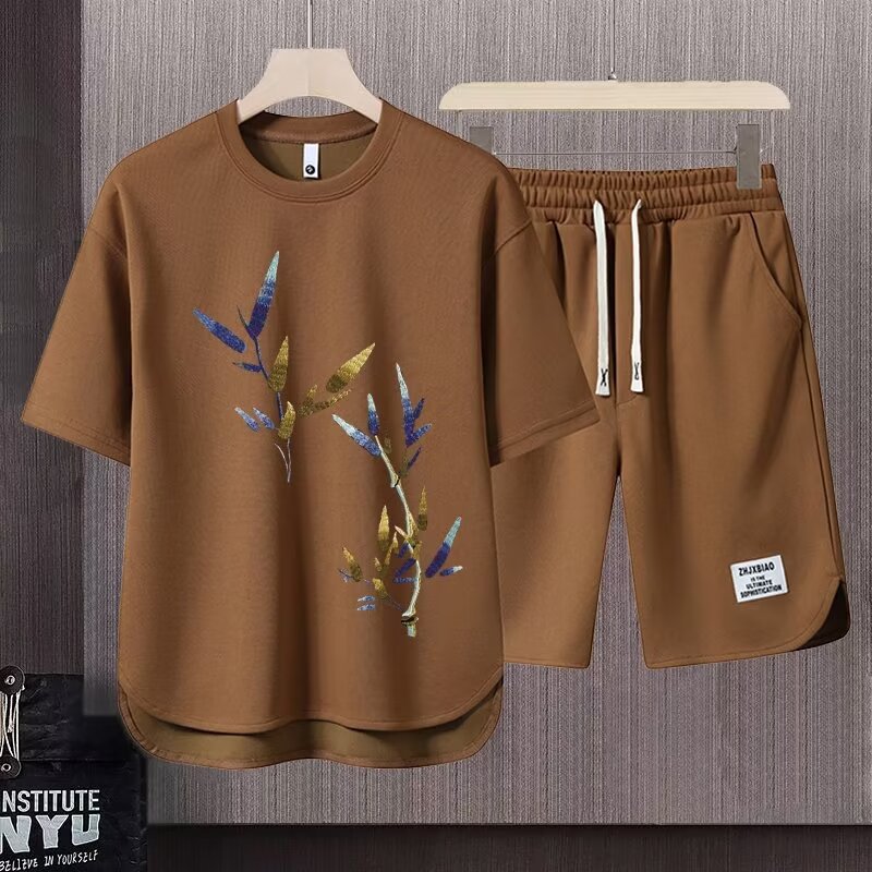 Men's Clothing 2024 Waffle Casual Summer Suit Men's Loose Teen Short sleeved T shirt Shorts Handsome Two piece Suit_voghion.com