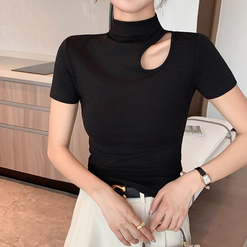 New Cut Out Half Turtleneck Short-Sleeved T-Shirt for Women in Summer with Design Niche Thread Tight Bottoming Shirt Intimates