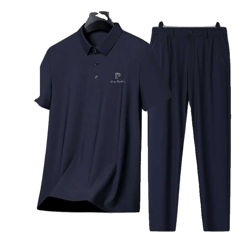 ピエールカルダンメンズシルクカジュアルスポーツスーツ夏のアイスシルク半袖ルーズシルキー薄いTシャツズボン|undefined