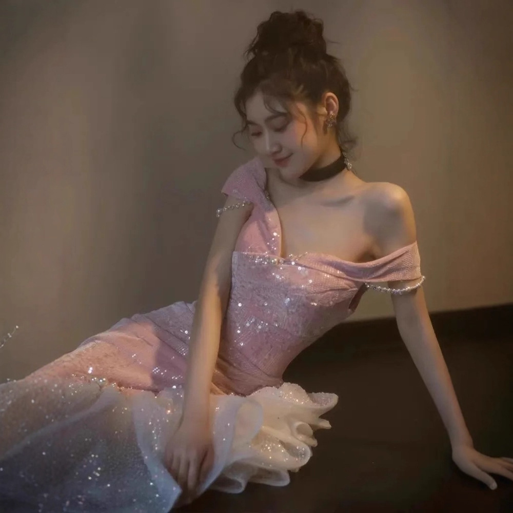 One-Shoulder Pink Bridal Toast Dress 2026 New Style Wedding Engagement Banquet Evening Gown Mermaid Dress Elegant