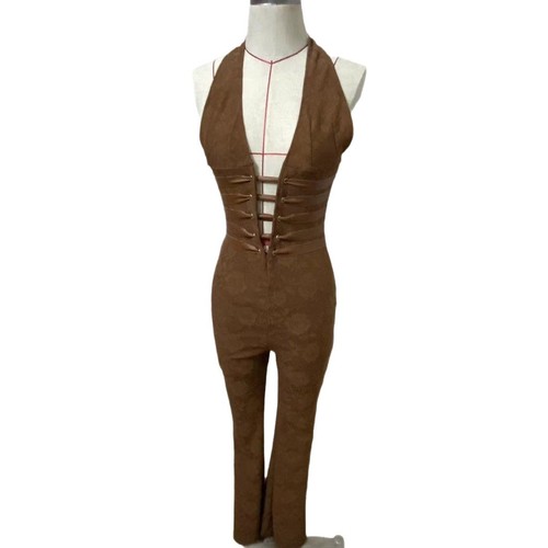 2025 Cross-border Hot New Women’s Wear: European and American Style Sexy Lace Pants, Deep-V Neckline Strappy Tie-Up Halter Jumpsuit