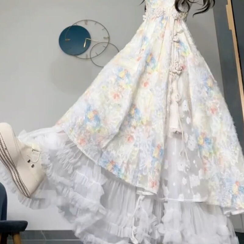 Women's Summer New Style Kidney-Shaped Long Skirt, Niche Floral Dress, French Pinch 2025, Good-Looking Square Collar Design