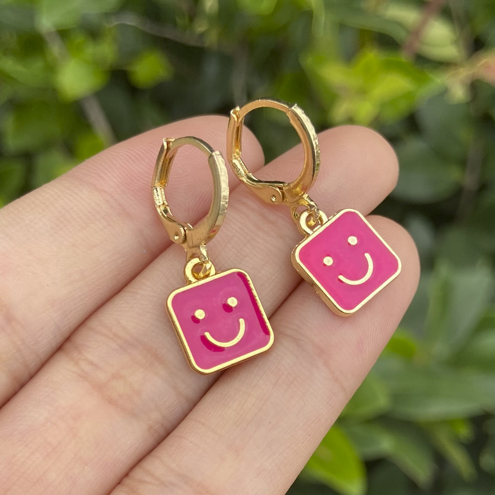 New Creative Drop Oil Square Earrings Personality Small Cartoon Square Smiley Face Earrings display picture 6