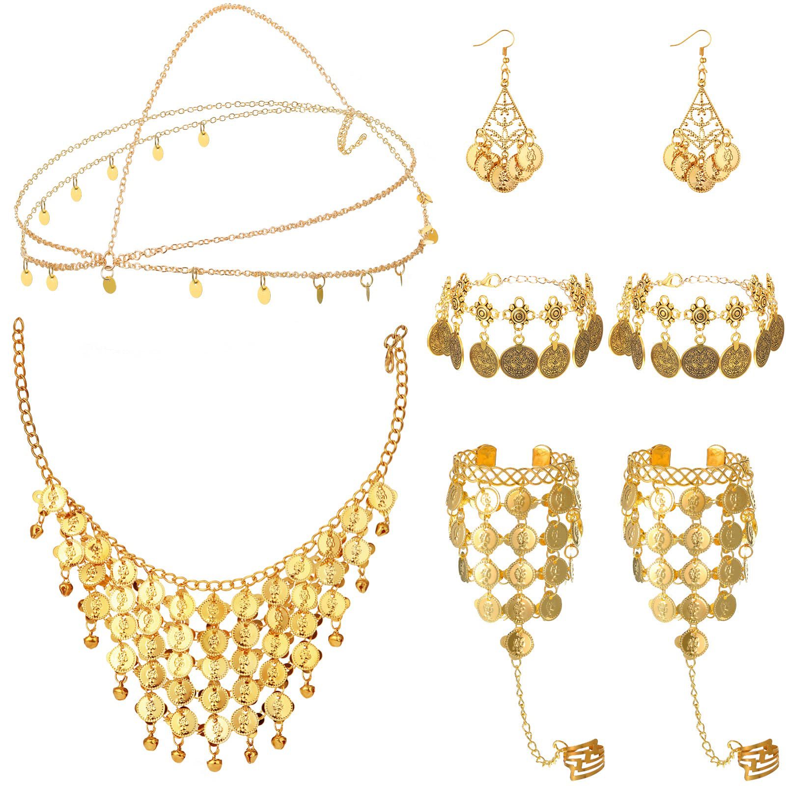 Belly Dance Jewelry Set Women's Sequin Head Chain Coin Earrings Bohemian Tassel Bracelet Anklet Necklace