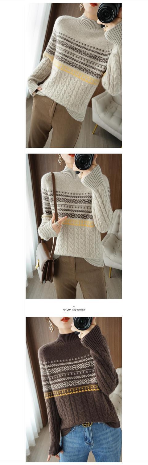 【 Cashmere Family】 Maglione spesso lavorato a maglia da donna, con cappuccio, collo alto e corto, a righe, interno_voghion.com