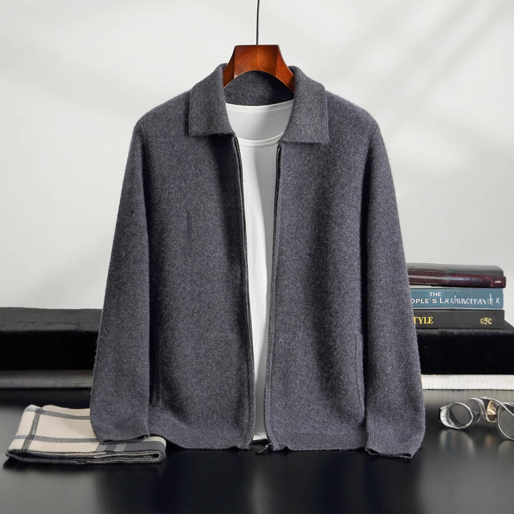 Thickened Cashmere Polo Cardigan for Men, Autumn and Winter New Solid Color Warm Knit Jacket, Wholesale from Hebei Factory