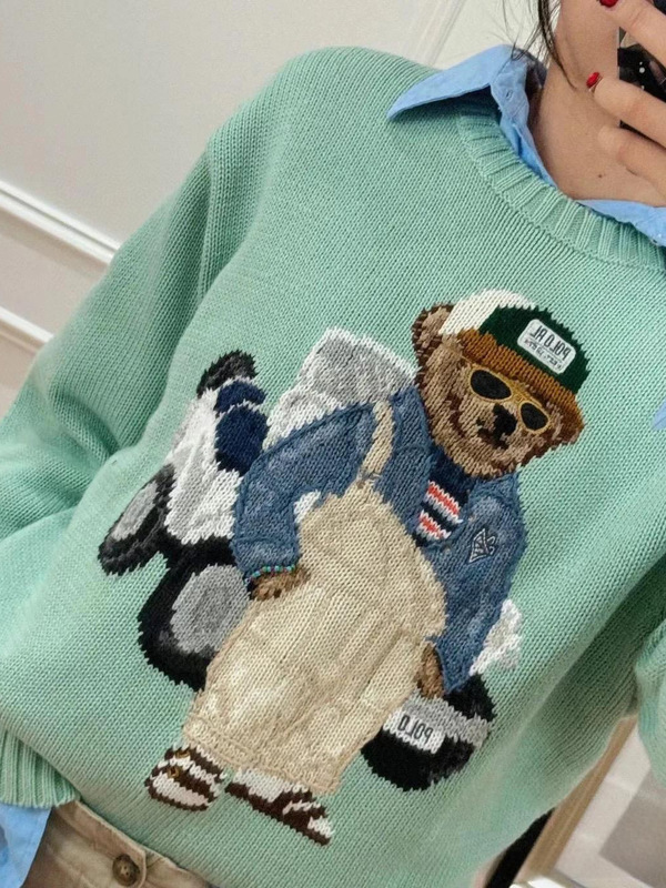 ポニー~秋冬レディースセーター、クマ刺繍、クマ織り花柄、ニットラウンドネックプルオーバートップス、万能|undefined