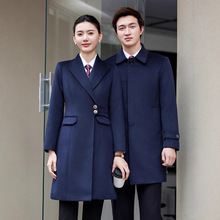 藏青色毛呢外套女冬季加厚夹棉职业珠宝酒店工作服中长款呢子大衣