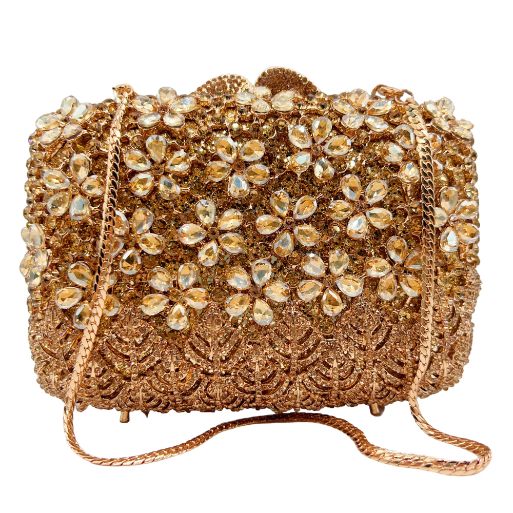 Túi clutch nữ đính kim cương nhân tạo họa tiết hoa tử đinh hương, cầm tay dự tiệc — Màu hồng, Hoa violet, Đế vàng kim cương, Màu bạc chi tiết 5