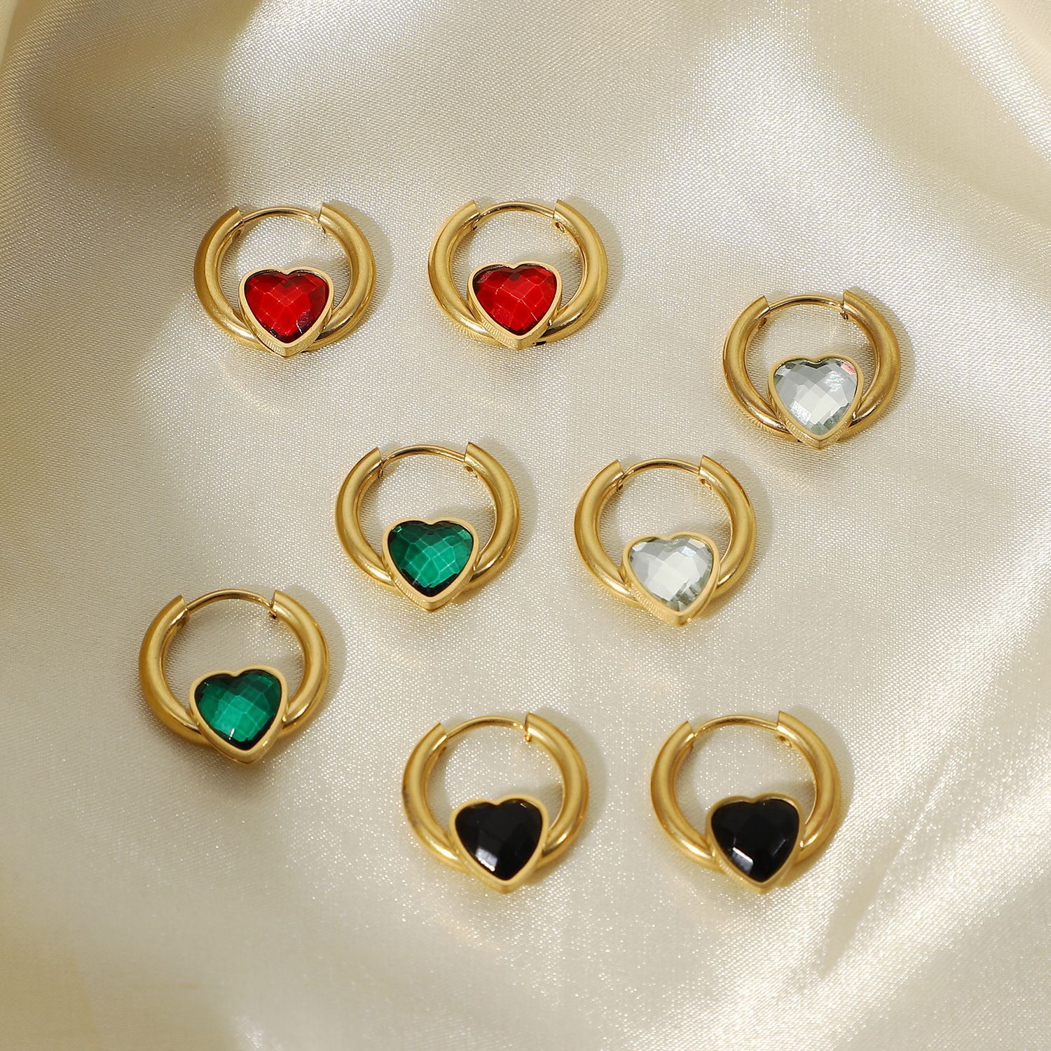 Heart-shaped Zircon Hoop Stainless Steel Green Red Heart-shaped Zircon Earrings display picture 5