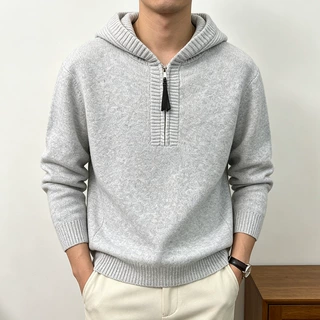 秋冬新款连帽套头针织衫男长袖半拉链纯色宽松休闲卫衣百搭潮代发