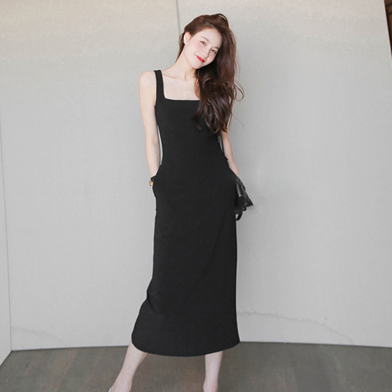 Retro High-end Square Collar Hepburn Style dress Summer New French Style Elegant Waist Age-reducing Vest Small Black Dress