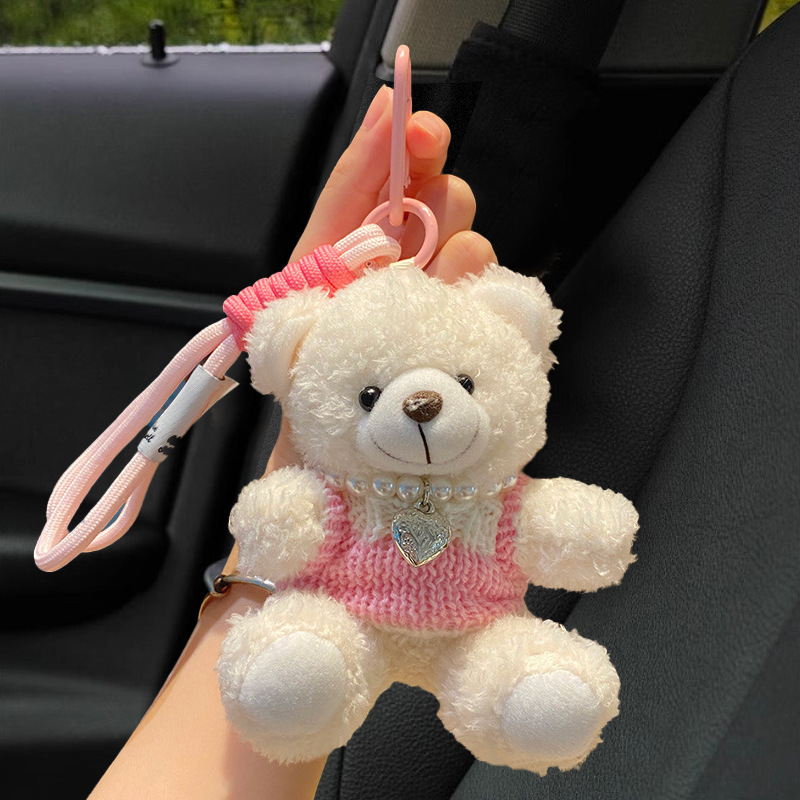 Lindo oso llavero de coche muñeca de felpa de mujer colgante de coche llavero hebilla de llave colgante de bolsa anti-pérdida