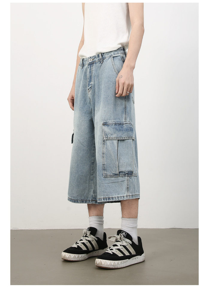Quần short jean nam ống rộng nhiều túi phong cách hip-hop đường phố, quần lửng mùa hè — Màu xanh lam, Xanh lam làm cũ, Xanh lam nhạt chi tiết 16