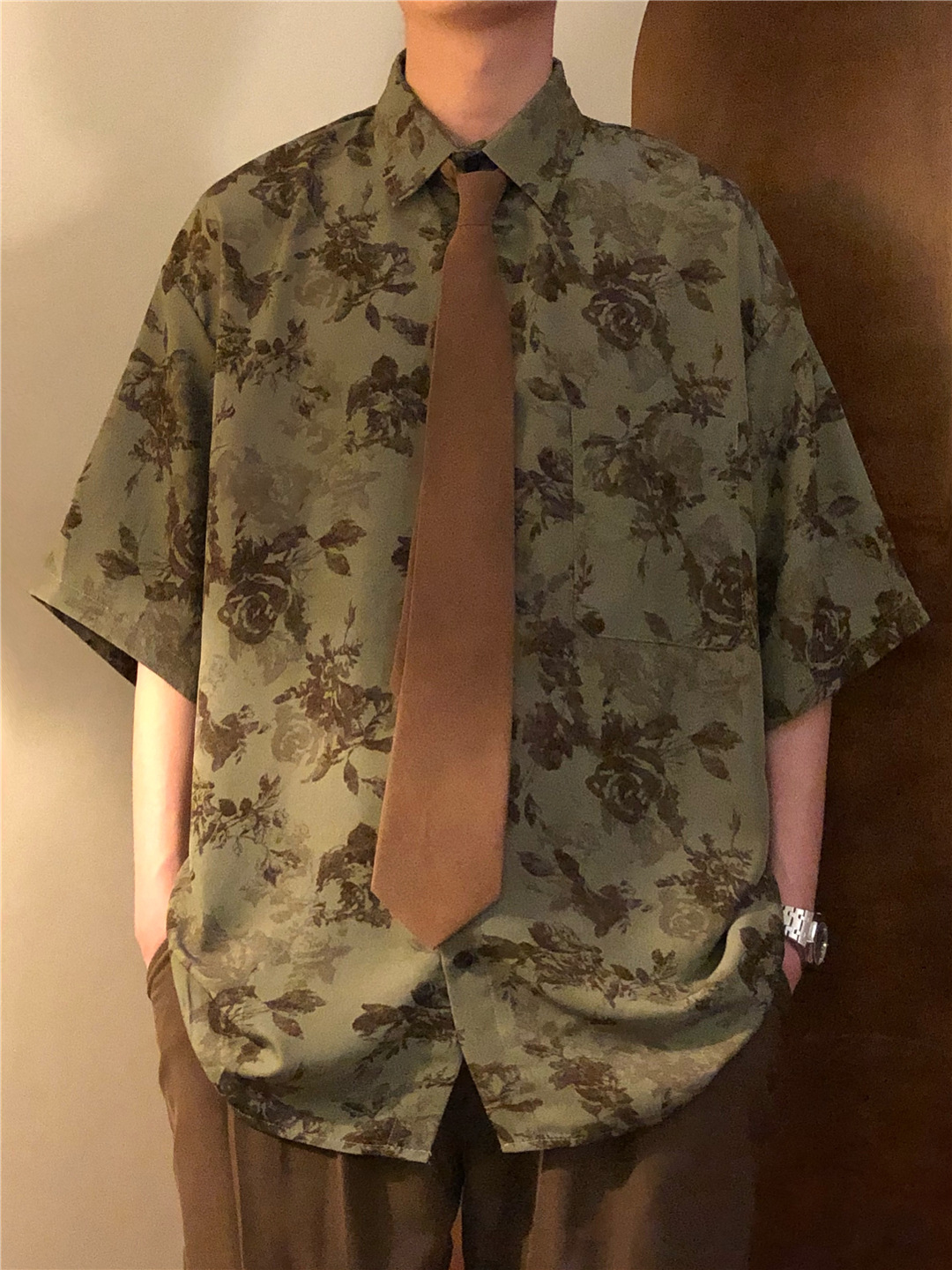 古着vintage巴洛克衬衫男短袖设计感高级冰丝花衬衣美式复古外套-阿里巴巴