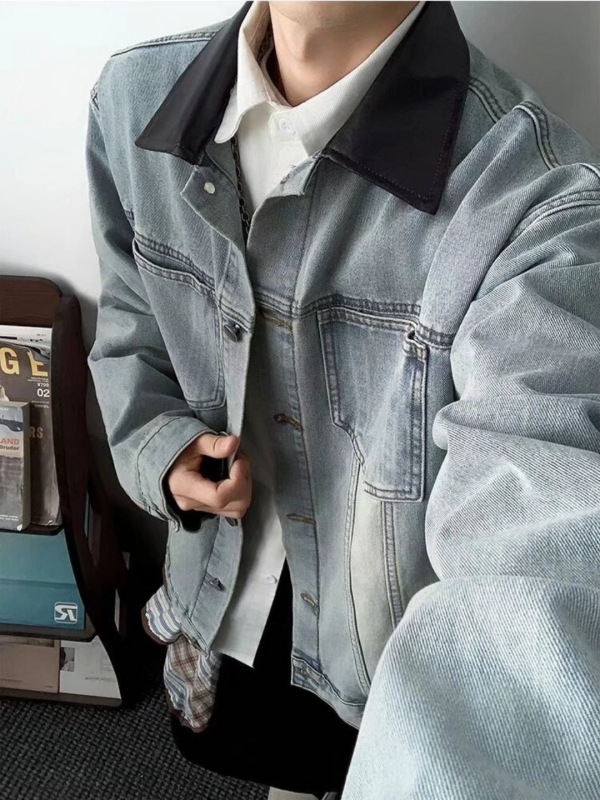 美式水洗拼接牛仔外套男秋季潮牌设计感街头痞帅宽松廓形工装夹克|undefined