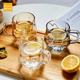 美索米亚创意带把手玻璃杯家用喝水杯子高级感咖啡杯饮料果汁杯