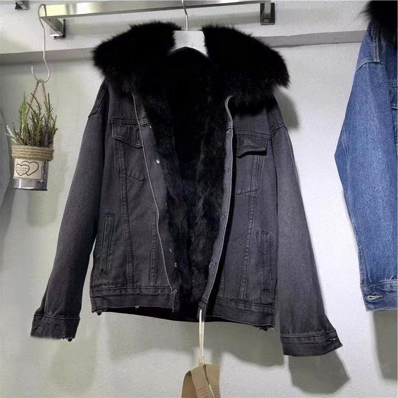 Women's Clothing Short Cotton Jacket Winter New Style Plus Velvet Cotton Jacket Loose Korean Style Denim Fur Collar Thickened Jacket Women_voghion.com
