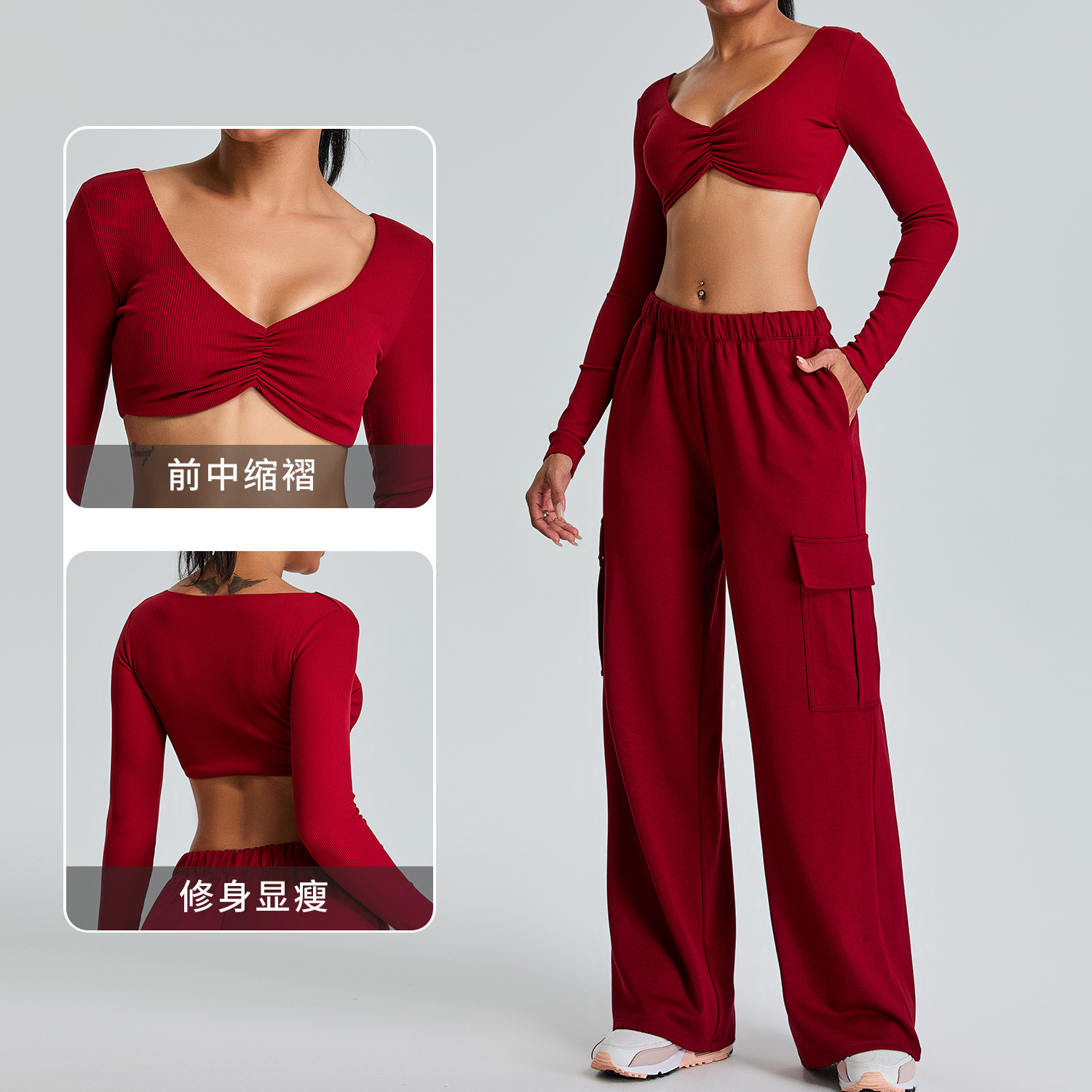 Nuevo set de yoga de manga larga transfronteriza para mujeres pantalones de trabajo rectos sueltos set de ejercicio de secado rápido al aire libre