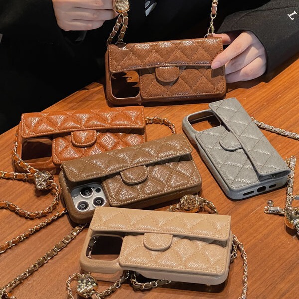 Trendy Brand Caviar Card Holder Suitable for iPhone 17 Phone Case, Apple 16 Pro Max Crossbody Chain Anti-Drop Protective Cover