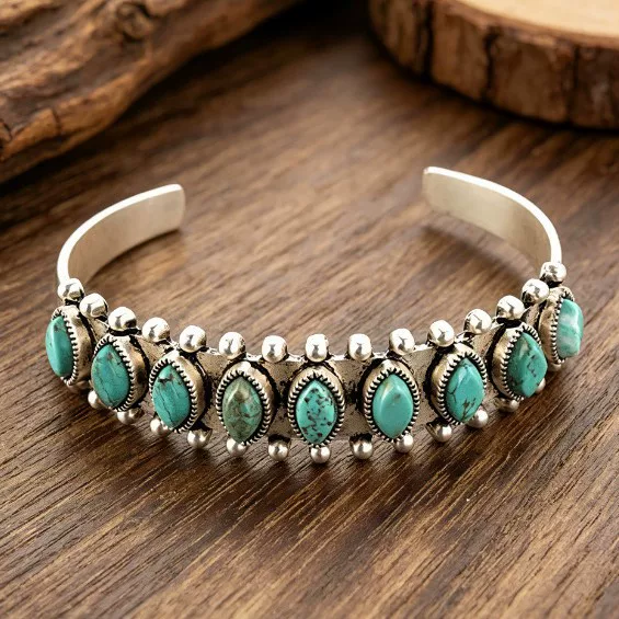 Cross-Border Hot-Selling Bohemian Style Turquoise Open Bracelet Amazon Foreign Trade Vintage Pattern Bracelet Bangle