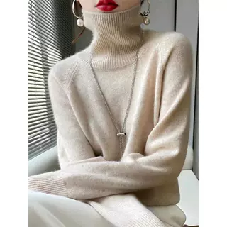 高端翻领100纯羊毛衫女高领针织搭宽松毛衣纯色套头打底衫秋冬款