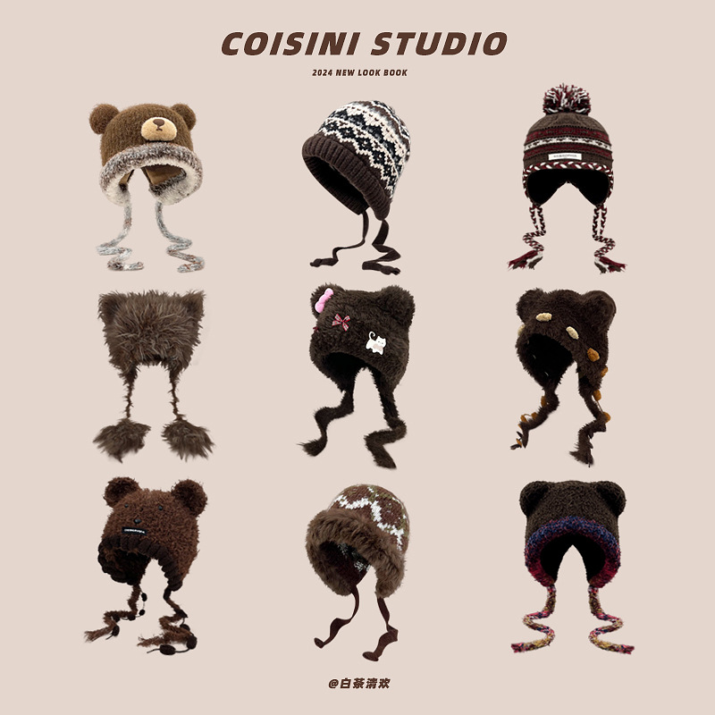 高品质时尚复古棕咖色毛绒护耳帽女生保暖针织手工编织辫子雷锋帽