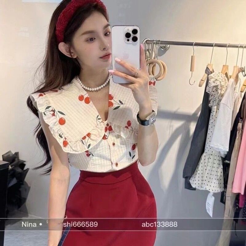 韩系甜美别致樱桃印花娃娃领衬衫上衣女夏高腰显瘦半身裙两件套装|undefined