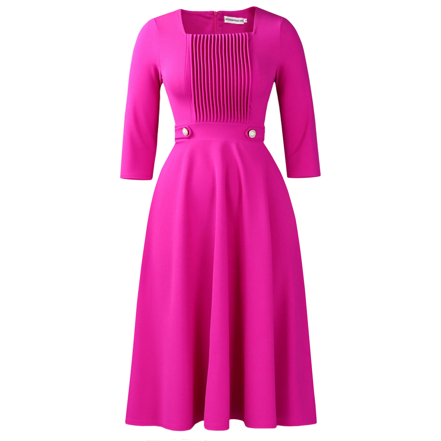 Women's Square-Neck Pleated Solid Color High Waist Dress
