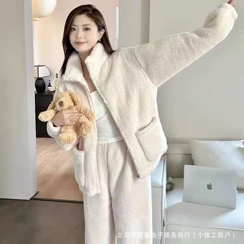 珊瑚绒加绒加厚立领开衫拉链睡衣纯色暖绵绵情侣拉链家居服套装|undefined