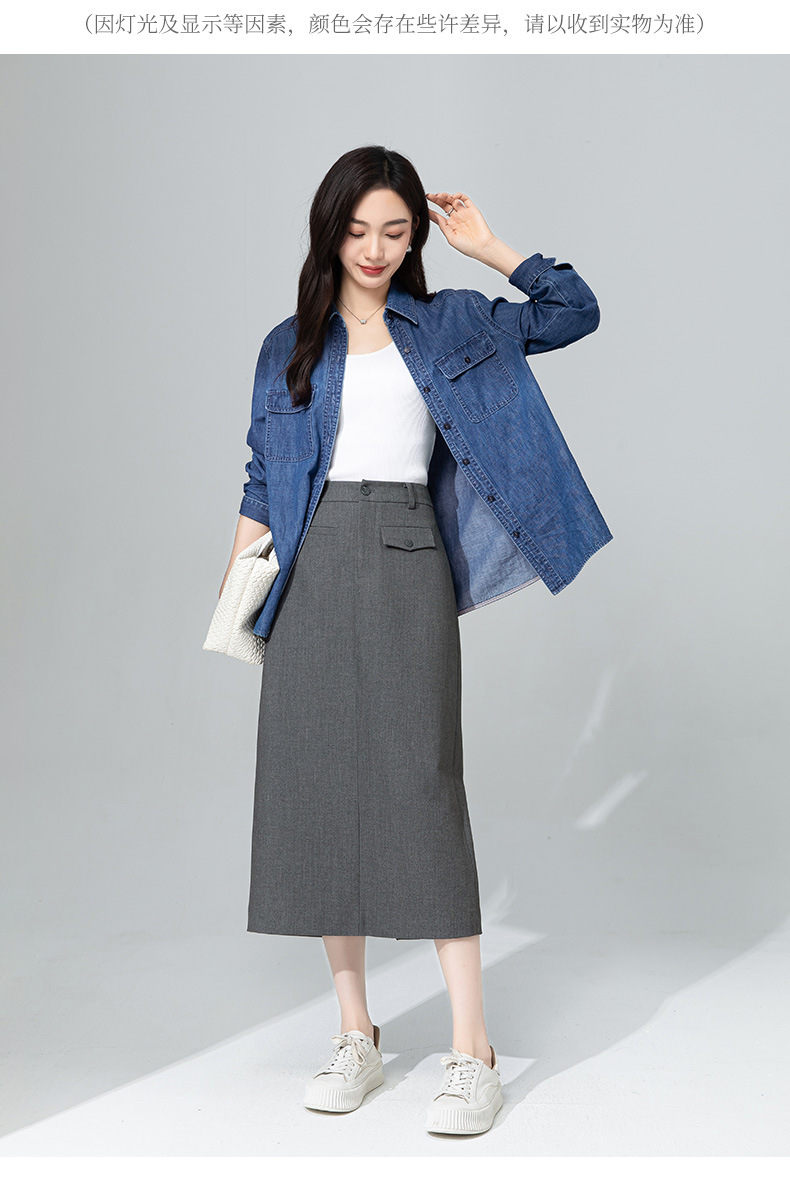 Váy midi len Tencel xám đậm xẻ tà ống suông đa năng — màu xám chi tiết 25