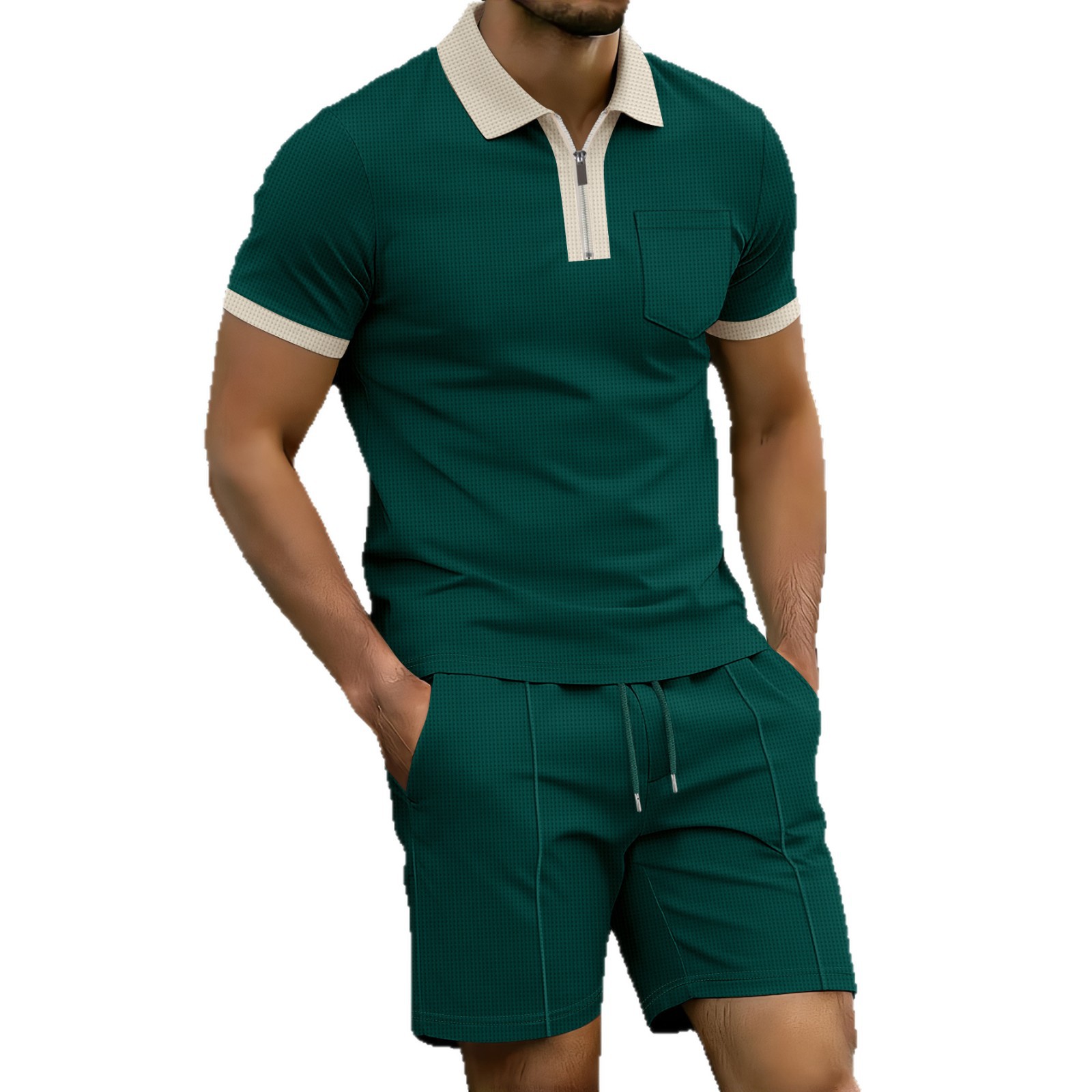 Ensemble polo et short homme en maille gaufrée color block - Style européen/américain - Polo respirant à col et manches courtes - Élégant basique en polyester_voghion.com