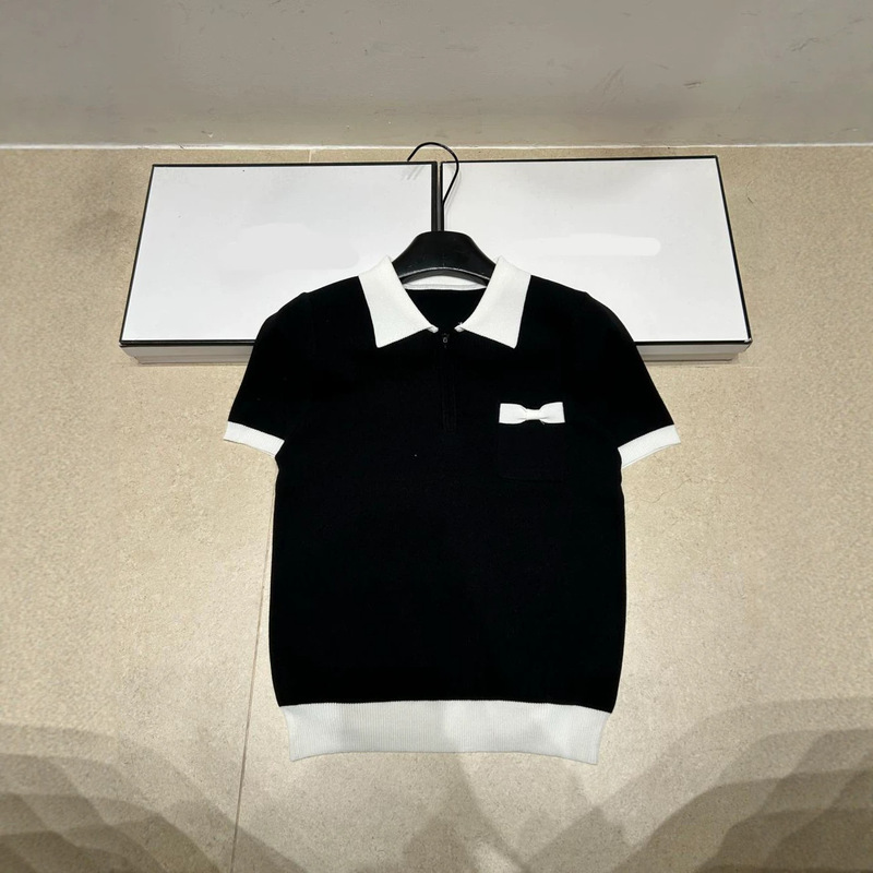 2026 Summer New French Style Black and White Contrast Color Lapel Knit Short-Sleeve Versatile Slimming Top for Spring and Summer 2026 Summer New French Style Black and White Contrast Color Lapel Knit Short-Sleeve Versatile Slimming Top for Spring and Summer