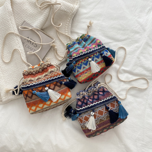 Bohemian drawstring water bucket bag  new rainbow striped color-blocking flow single-shoulder crossbody bag for women