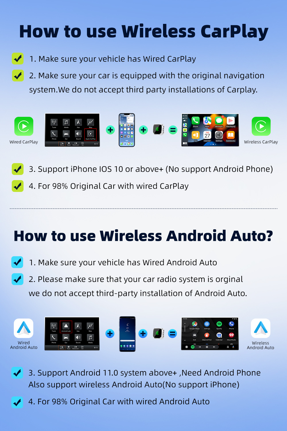 Car infotainment upgrade connectivity box: wired to wireless CarPlay and Android Auto 2-in-1 car navigation adapter
