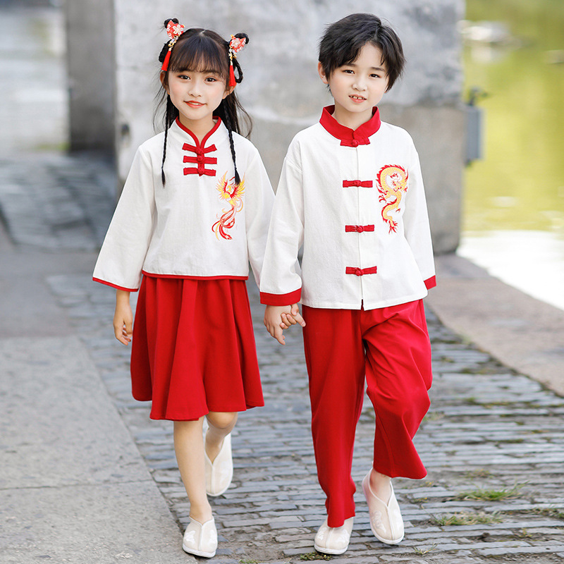 儿童国庆元旦演出服男童新年唐装中国风古装小学生大合唱女童汉服