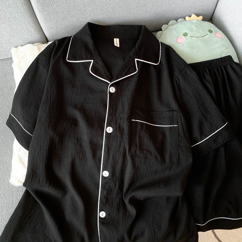 Verano hombre nube algodón doble corto dos piezas juego de pijamas simple color sólido con la solapa Cardigan ropa de hogar se puede usar fuera delgada