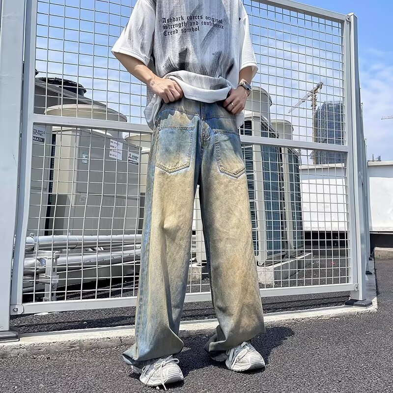 2024 spring vintage fried street bleaching paint old craft loose men's Denim trousers wide leg straight tube mopping the floor
